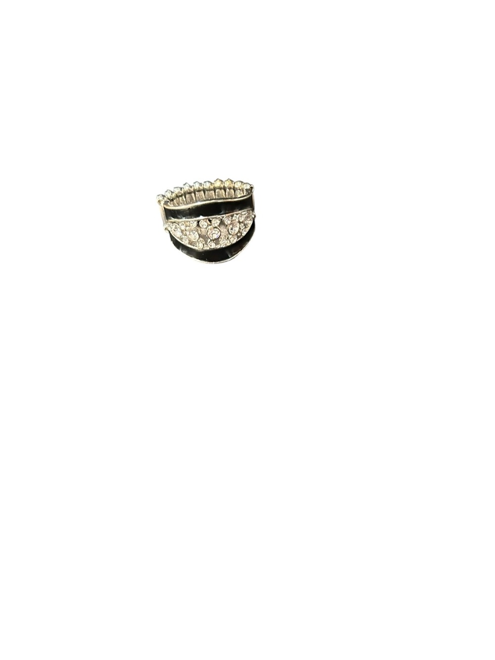 Silver Tone Black Enamel & Crystal Statement Ring